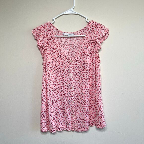 Hatch Tops - The Nine by Hatch Pink Floral Maternity Shirt Medium Short Sleeve